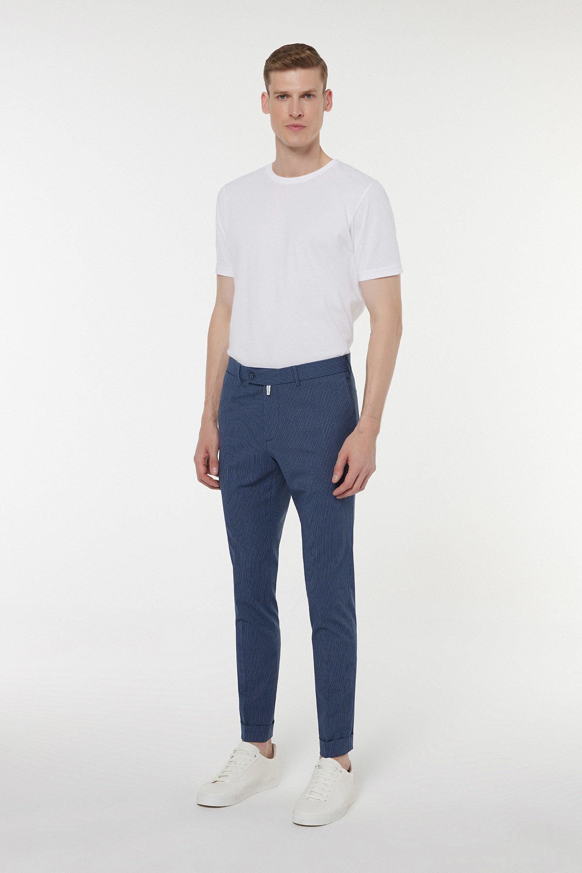 Striped Navy Blue Fabric Trousers 2846-1