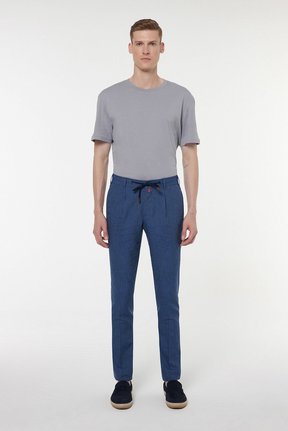  Striped Navy Blue Fabric Trousers 2835-1