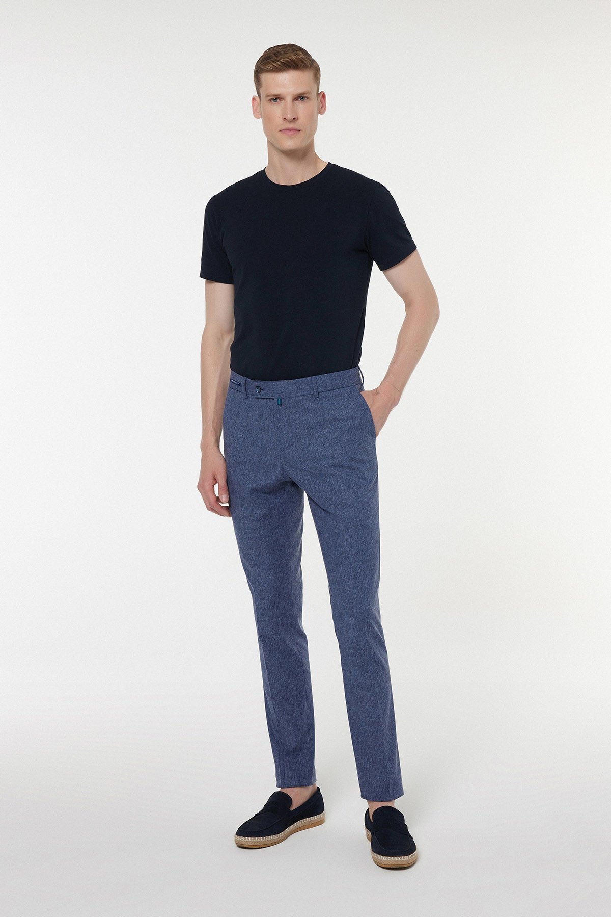 Erkek Regular Fit Mavi Melanj Keten Karışımlı Pantolon