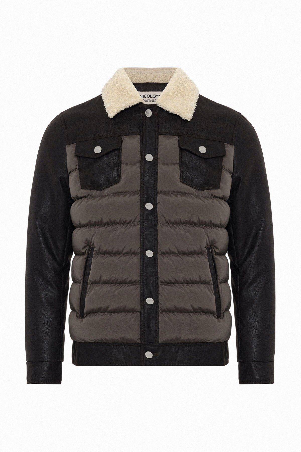 Erkek Kürk Yakalı Suni Deri Kollu Şişme Kışlık Casual Mont