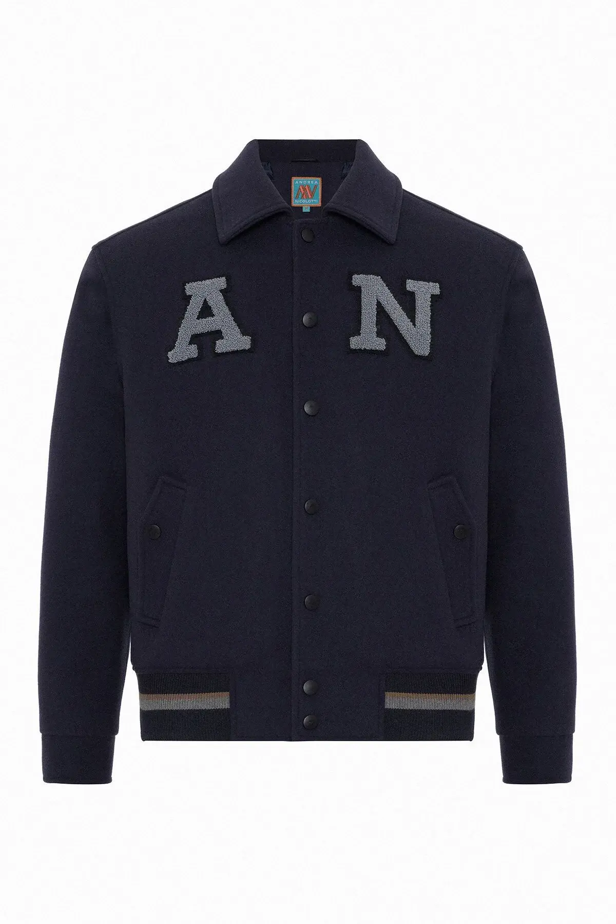 Erkek Lacivert AN Harfli Yün Karışımlı Regular Fit Bomber Ceket