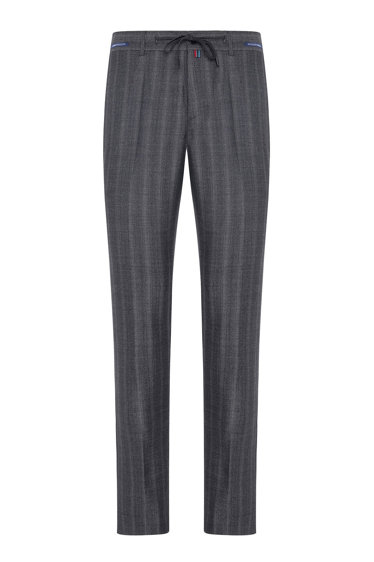 Erkek Gri Beli Lastikli Bağcıklı Yün Karışımlı Pantolon