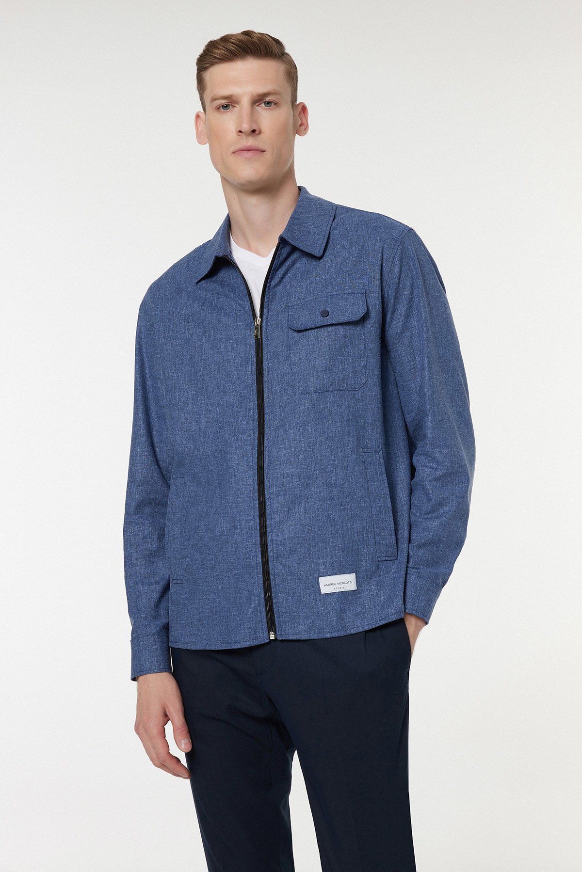 Erkek Regular Fit Keten Karışımlı Fermuarlı Gömlek Ceket