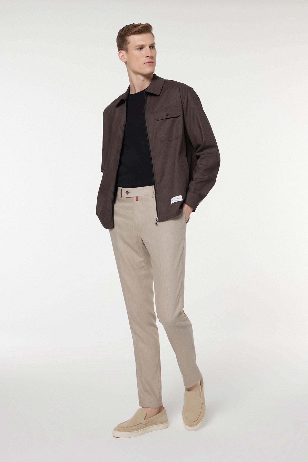 Kahverengi Keten Karışımlı Regular Fit Fermuarlı Erkek Ceket Gömlek
