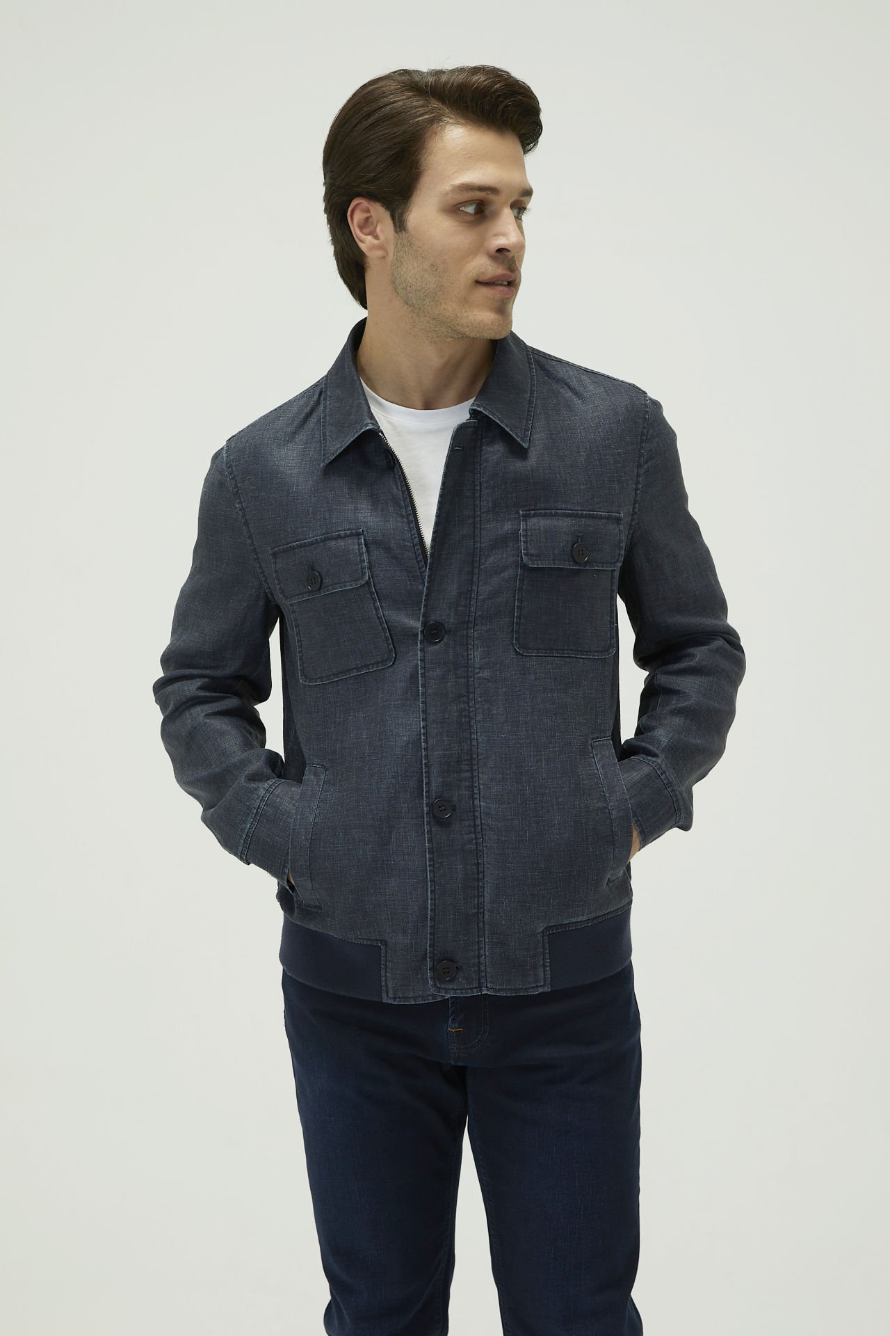 Lacivert %100 Keten Regular Fit Dual Kapamalı Shirt Ceket