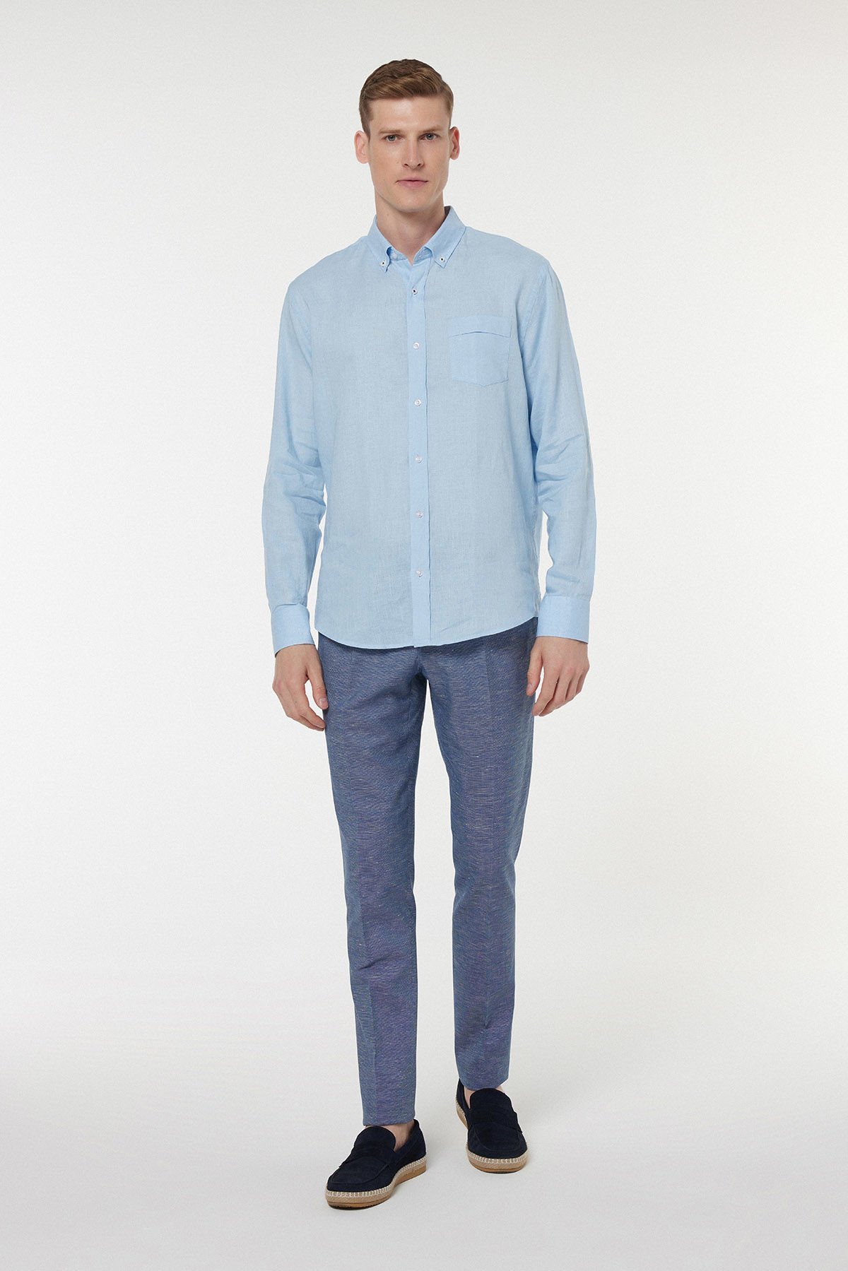 Premium %100 Keten Düğmeli Yaka Gök Mavi Erkek Gömlek