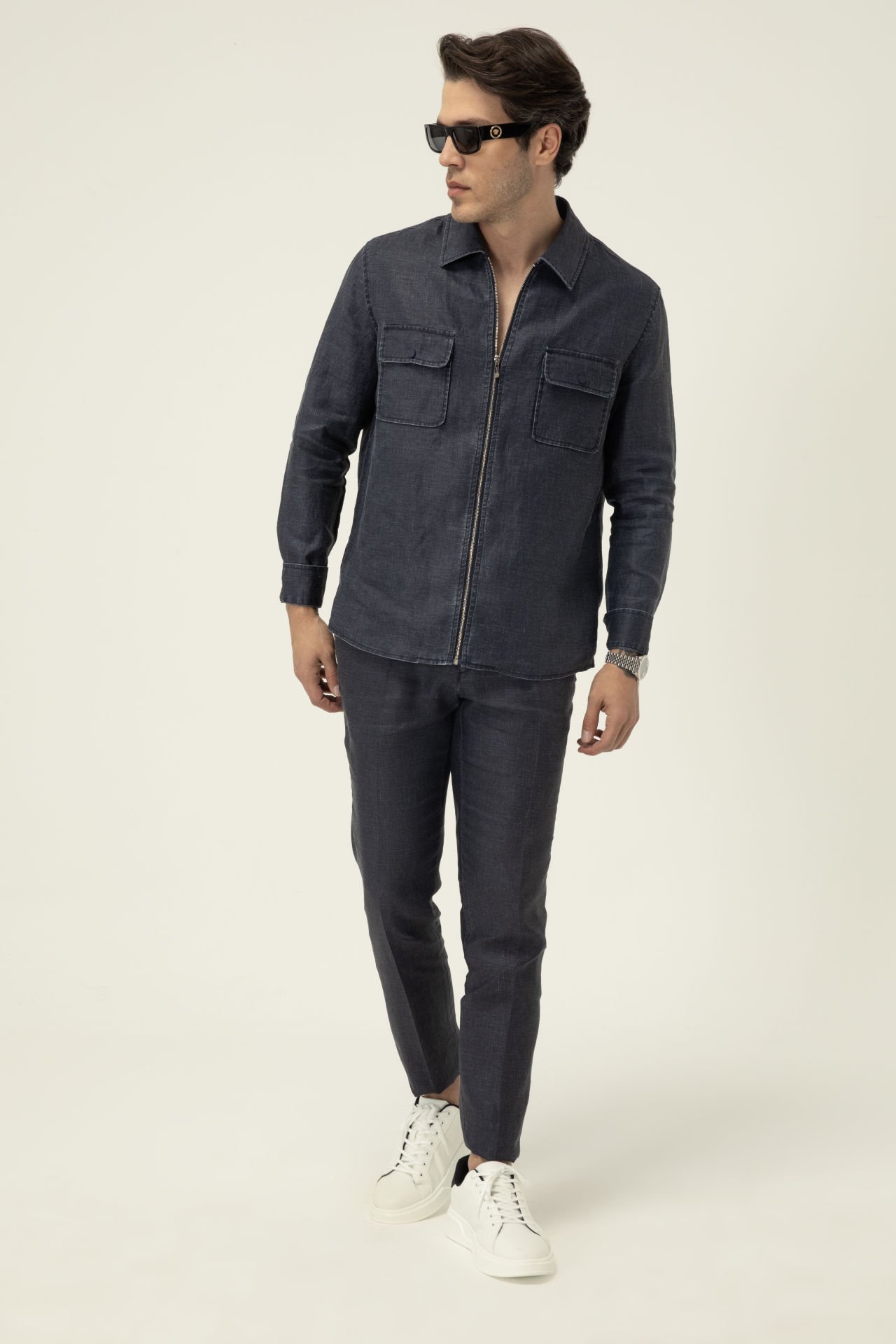  Navy Blue Zippered Linen Shirt M14-1