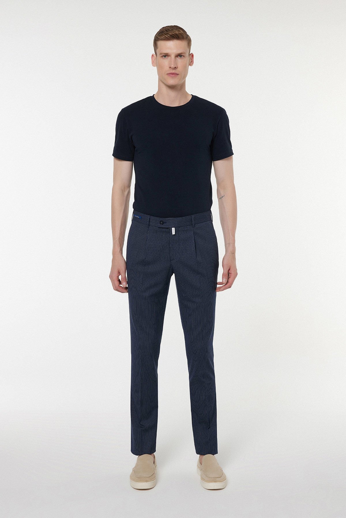 2726-1-k-1 Erkek Lacivert İnce Çizgili Regular Fit Esnek Kumaş Pantolon - Görsel 1