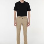 Erkek Çizgili Hardal Rengi Bel Lastikli Esnek Kumaş Pantolon