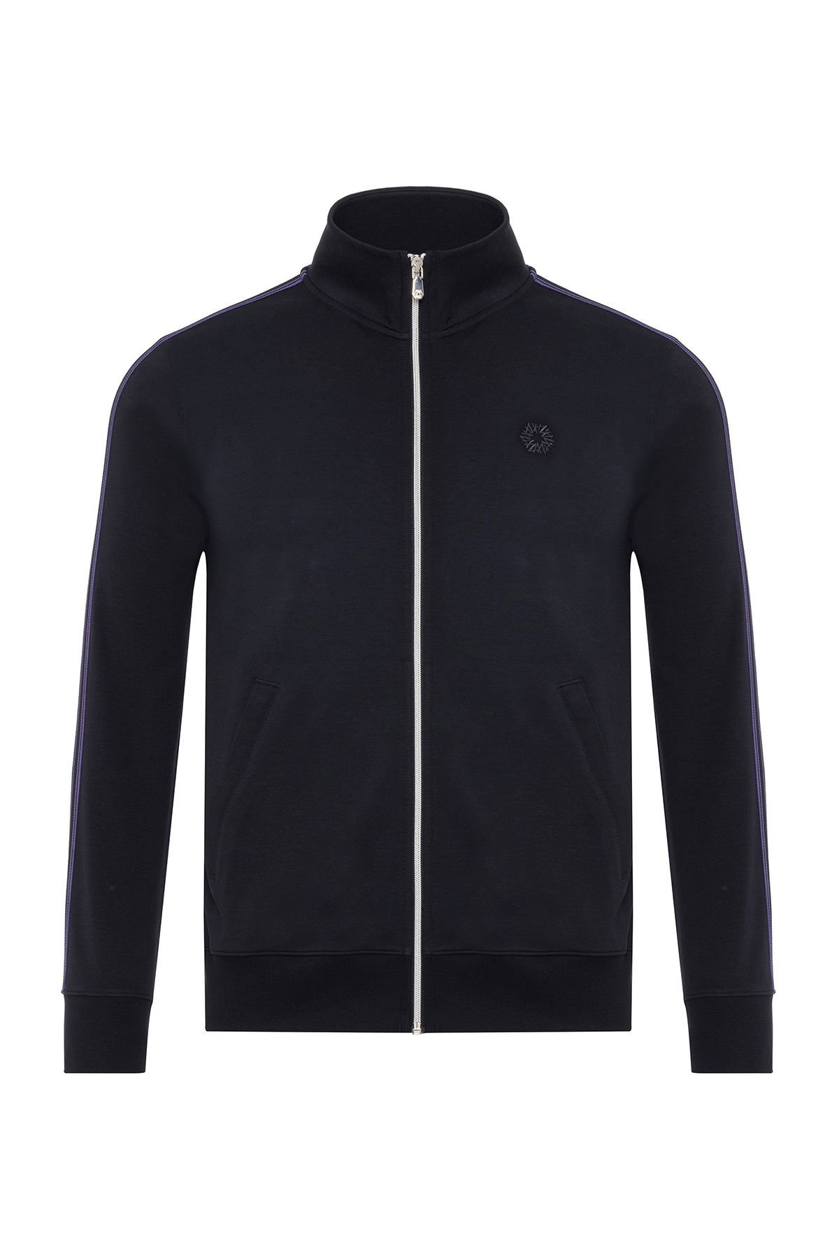 4epfy89 Erkek Siyah Mor Şeritli Regular Fit Pamuklu Fermuarlı Eşofman Takımı - Görsel 1