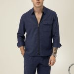 Lacivert Fermuarlı Regular Fit Keten Karışımlı Erkek Gömlek Ceket