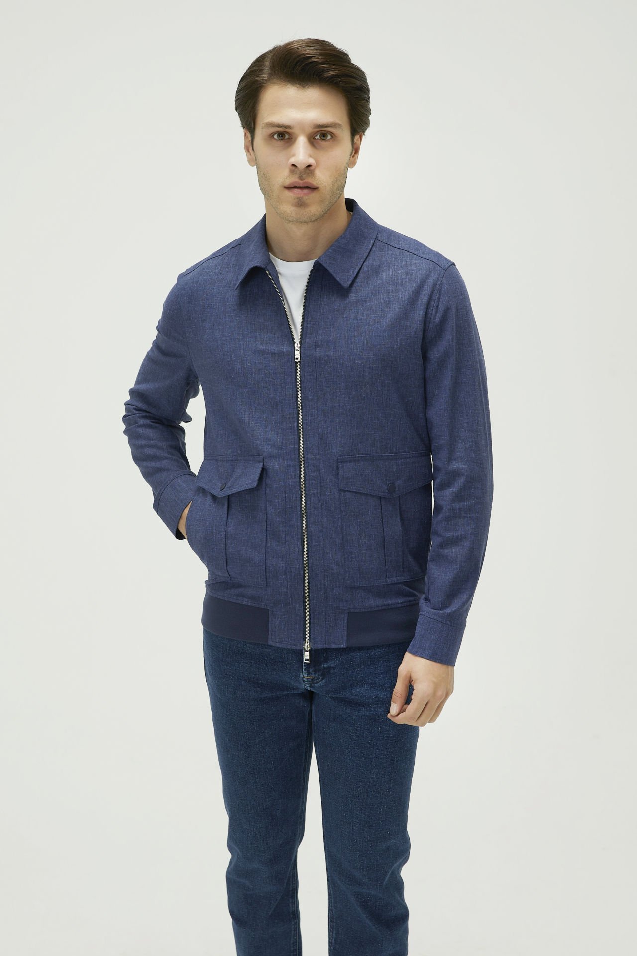 m09-02 Lacivert Keten Karışımlı Regular Fit Fermuarlı Mevsimlik Erkek Mont - Görsel 1