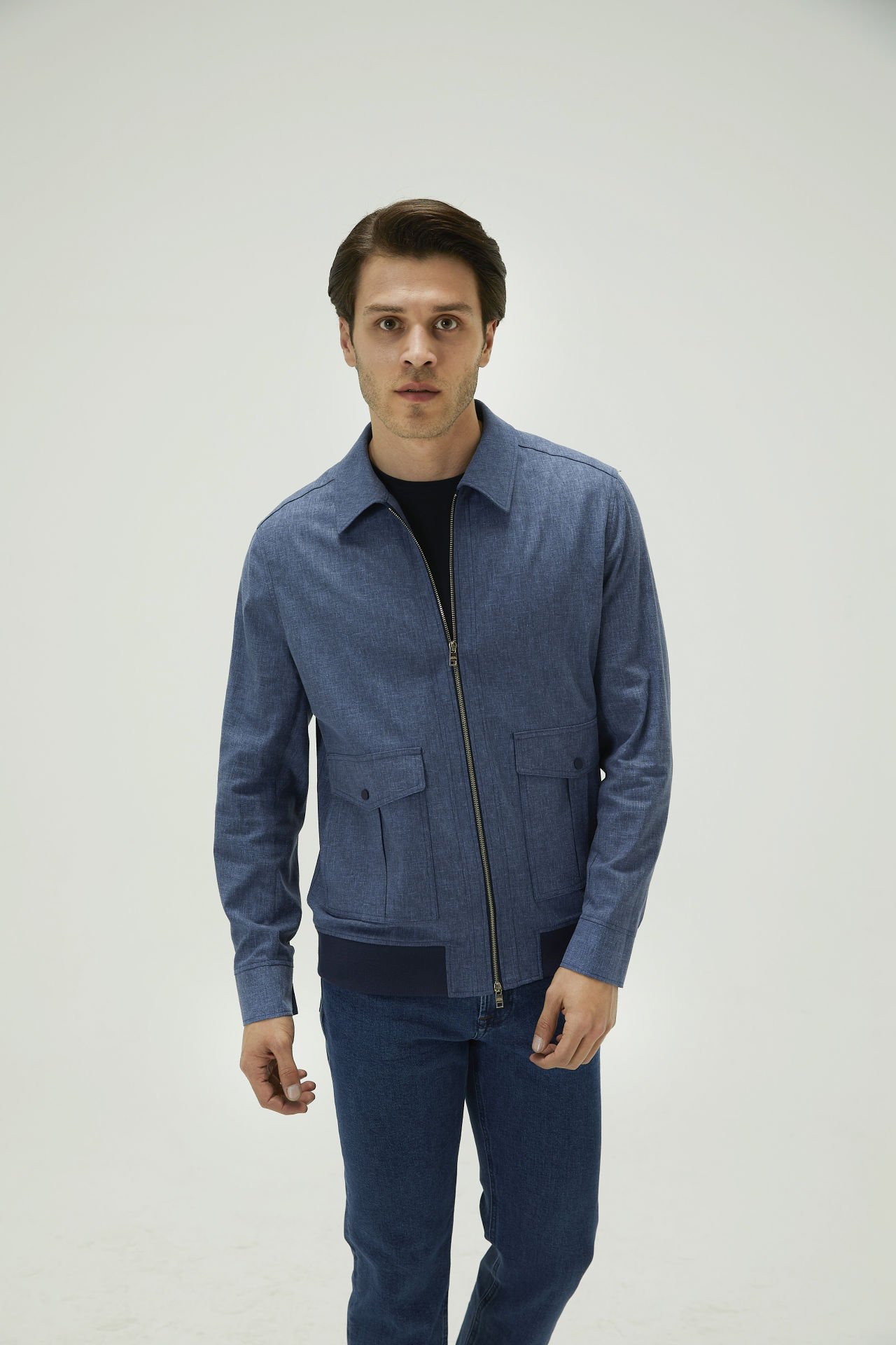 m09-1 Mavi Keten Karışımlı Regular Fit Fermuarlı Mevsimlik Erkek Mont - Görsel 1