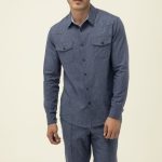 Mavi Rengi Regular Fit Keten Karışımlı Uzun Kollu Erkek Gömlek