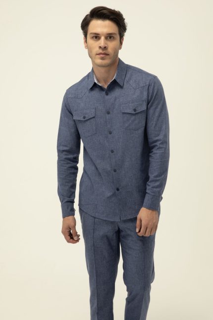 Mavi Rengi Regular Fit Keten Karışımlı Uzun Kollu Erkek Gömlek