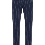 Erkek Lacivert Bağcıklı Çizgili Keten Pamuk Karışımlı Pantolon